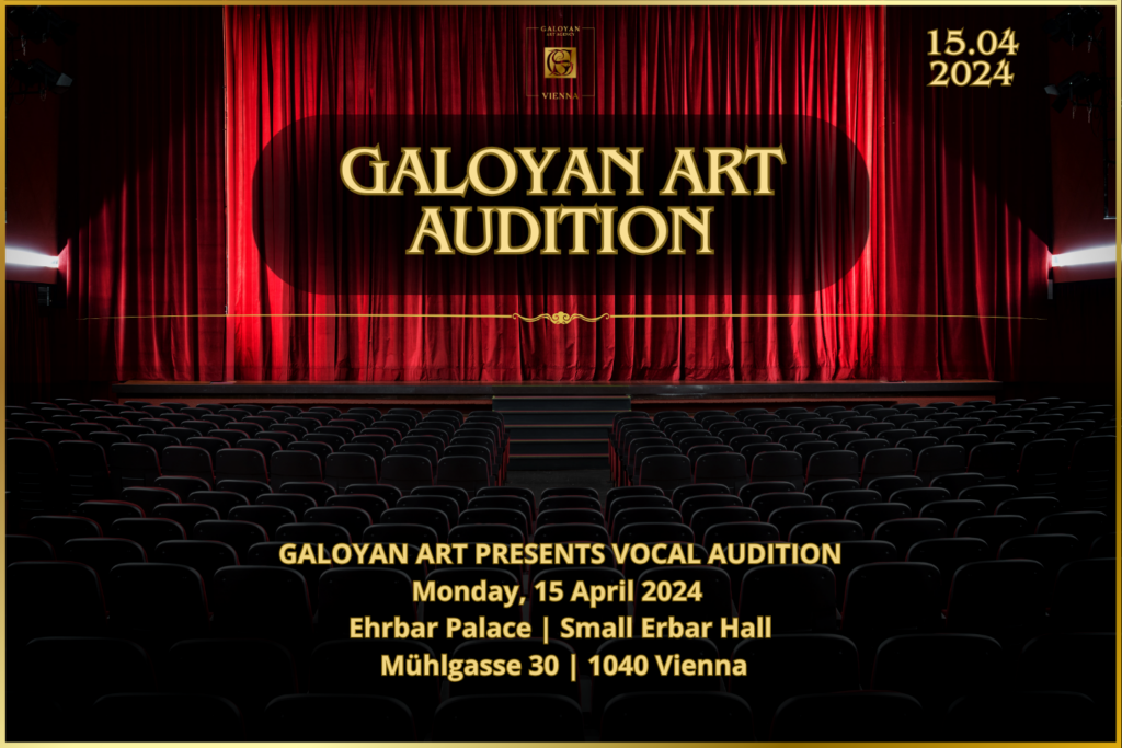 Galoyan Art Audition promotional banner featuring a theater stage.